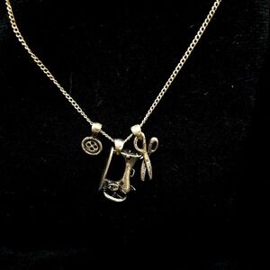 Vintage Sterling Silver Sewing Charm Necklace Sewing Machine Scissors Button